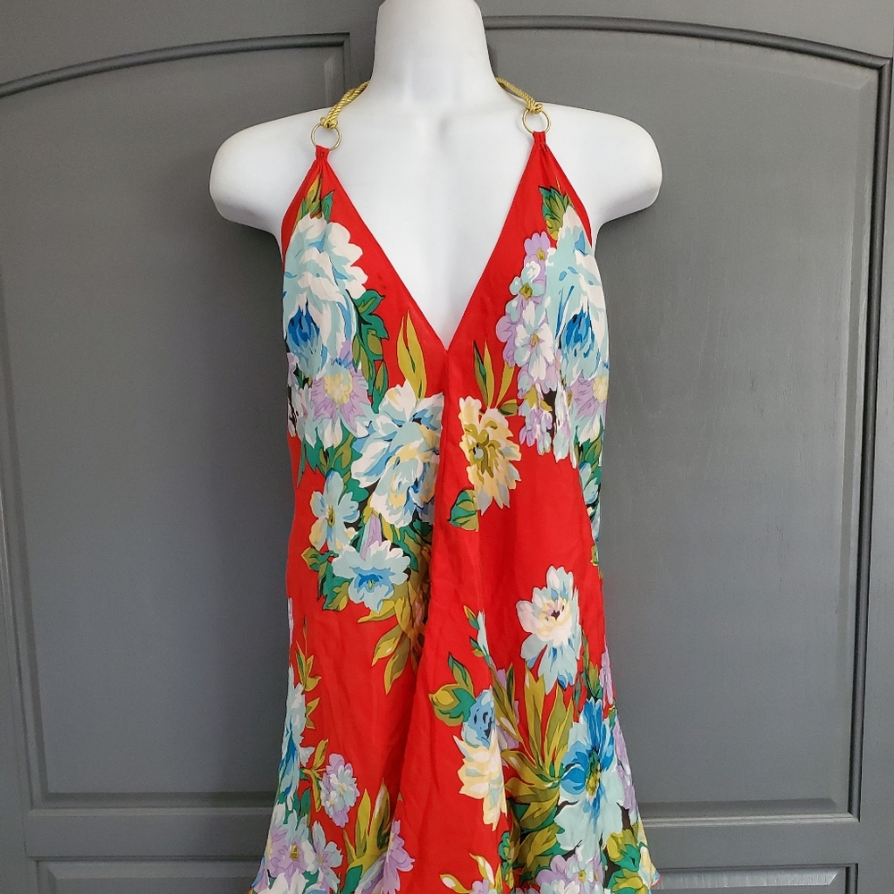 UO Silkysexy Halter floral Tunic Gold Rope tie Top/Mini Dress - Picture 5 of 12